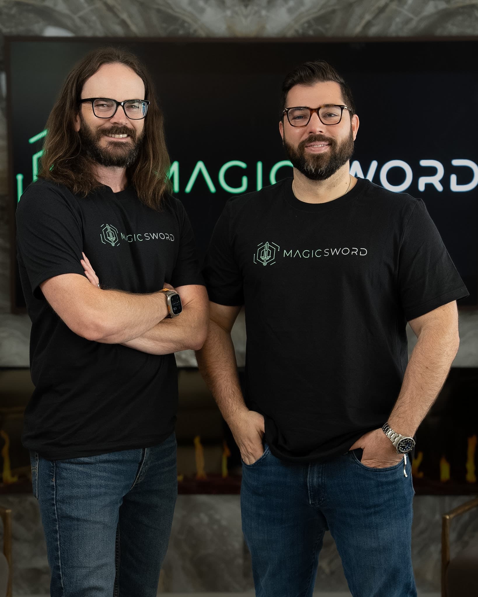 Jose Hernandez and Michael Haag wearing MagicSword shirts