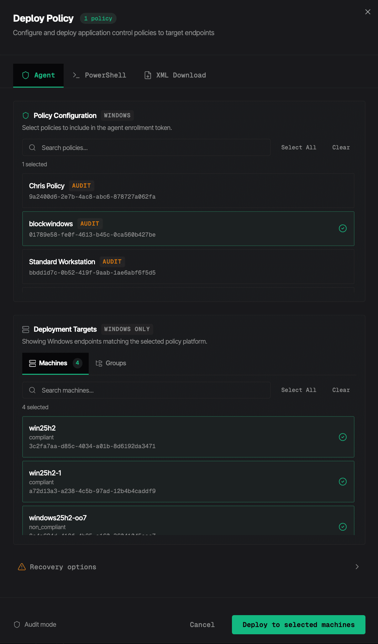 MagicSword deployer showing policy selection, target machines, and audit mode deployment