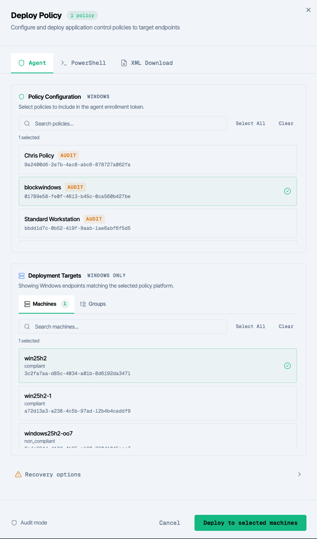 MagicSword deployer showing policy selection, target machines, and audit mode deployment