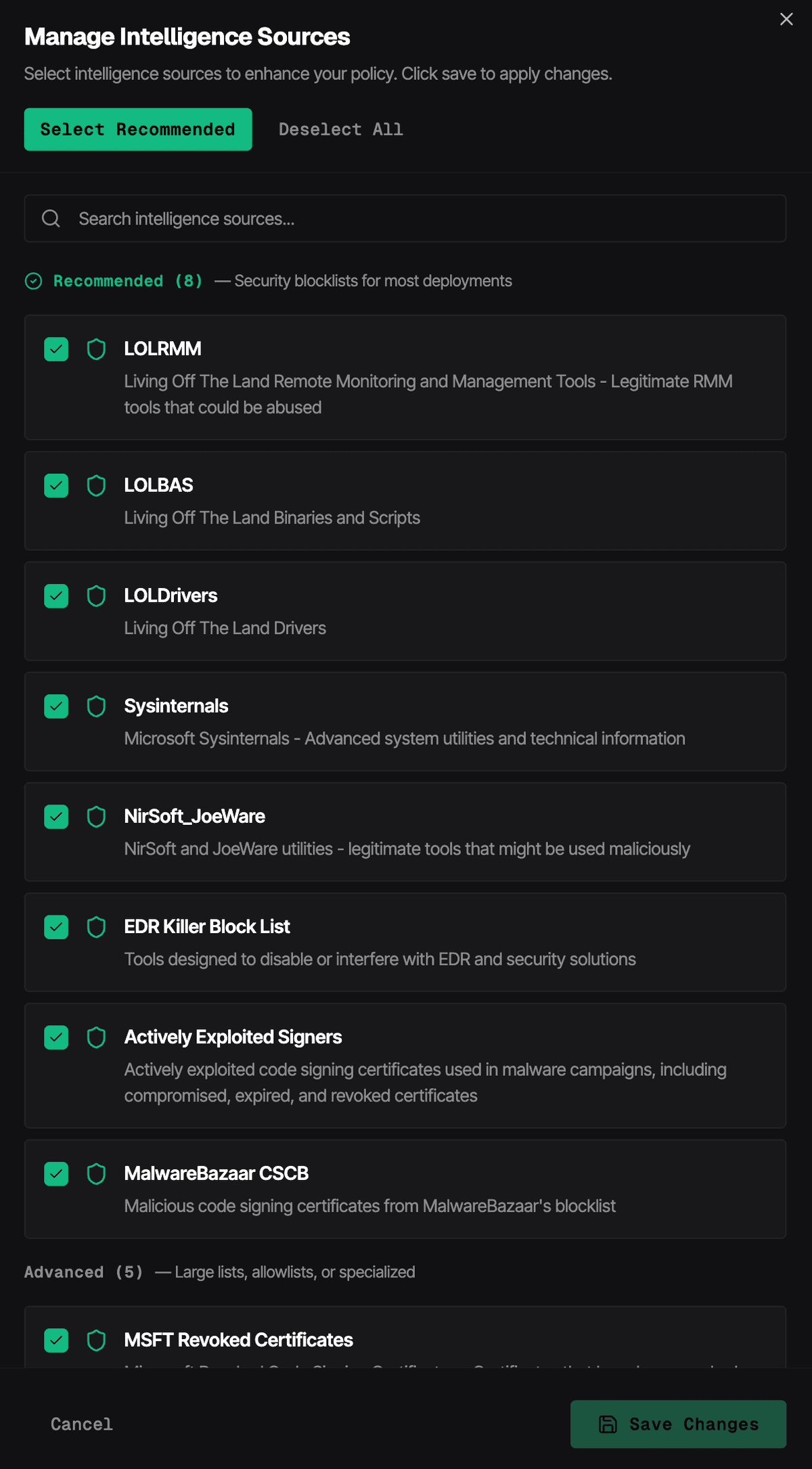 MagicSword Manage Intelligence Sources modal showing recommended blocklists for LOLRMM, LOLBAS, LOLDrivers, and more