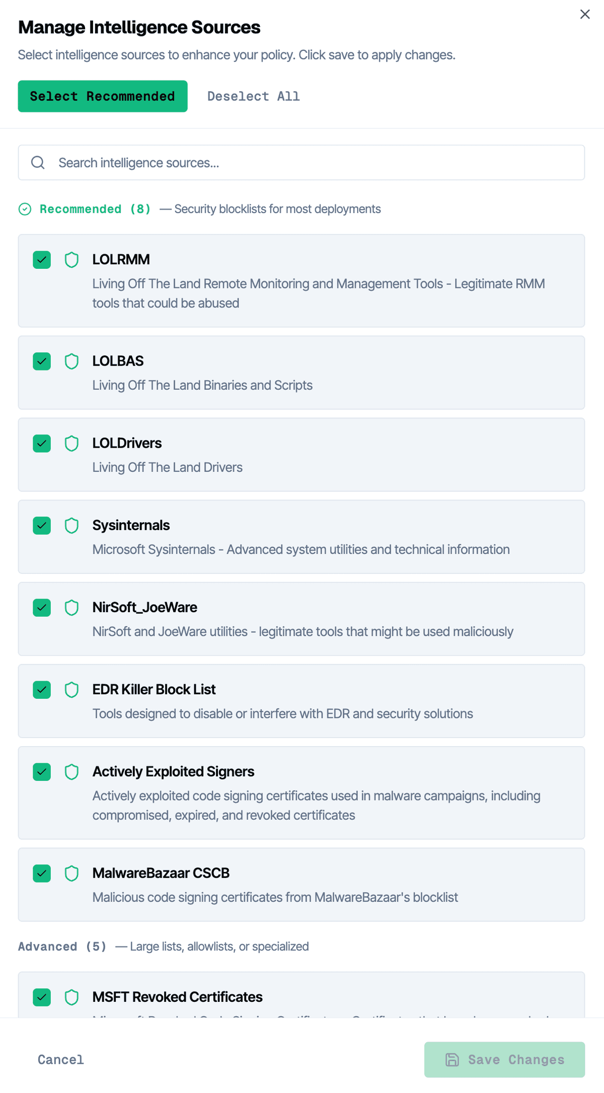 MagicSword Manage Intelligence Sources modal showing recommended blocklists for LOLRMM, LOLBAS, LOLDrivers, and more