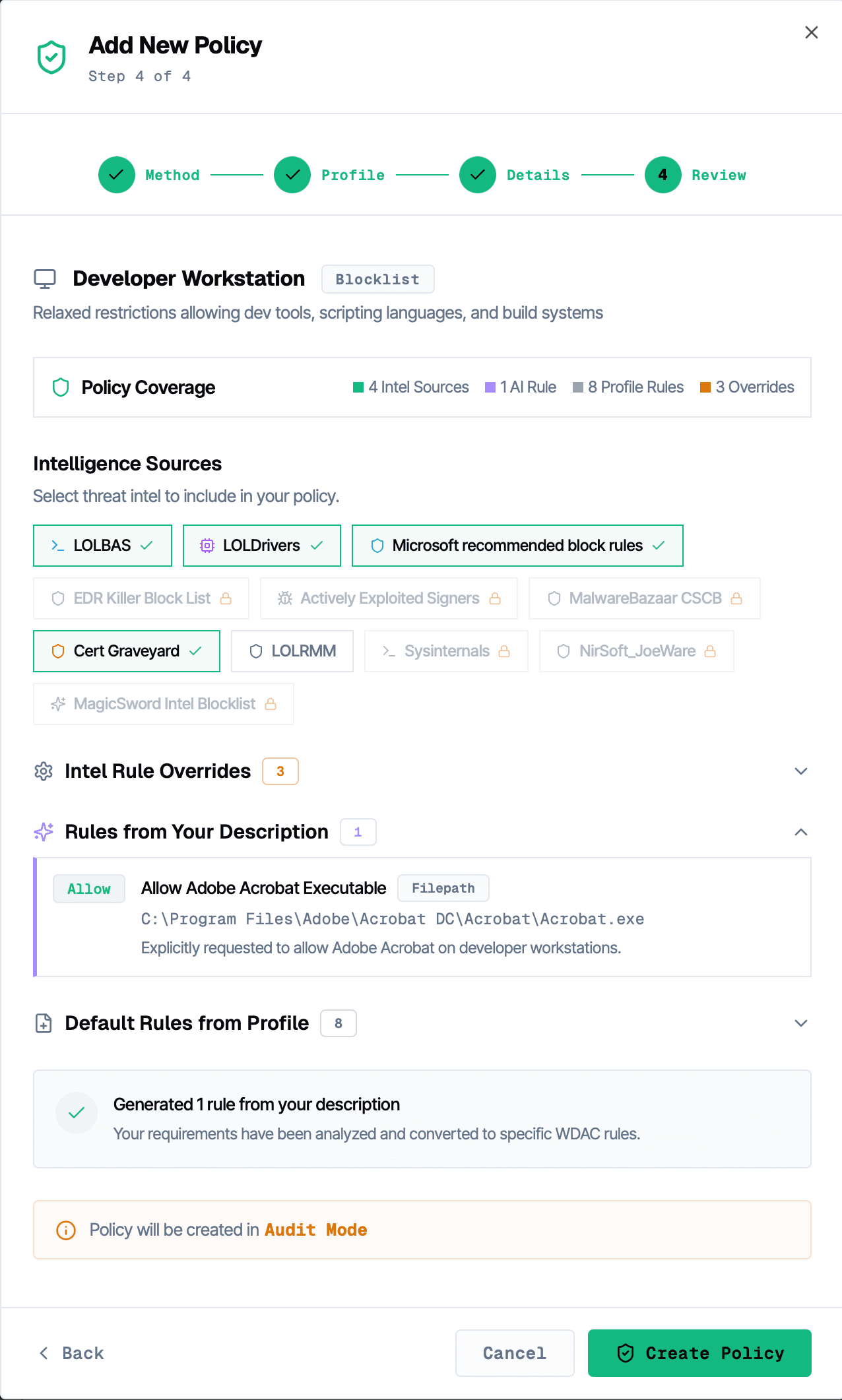 MagicSword policy creation wizard showing intel sources, AI-generated rules, and coverage summary