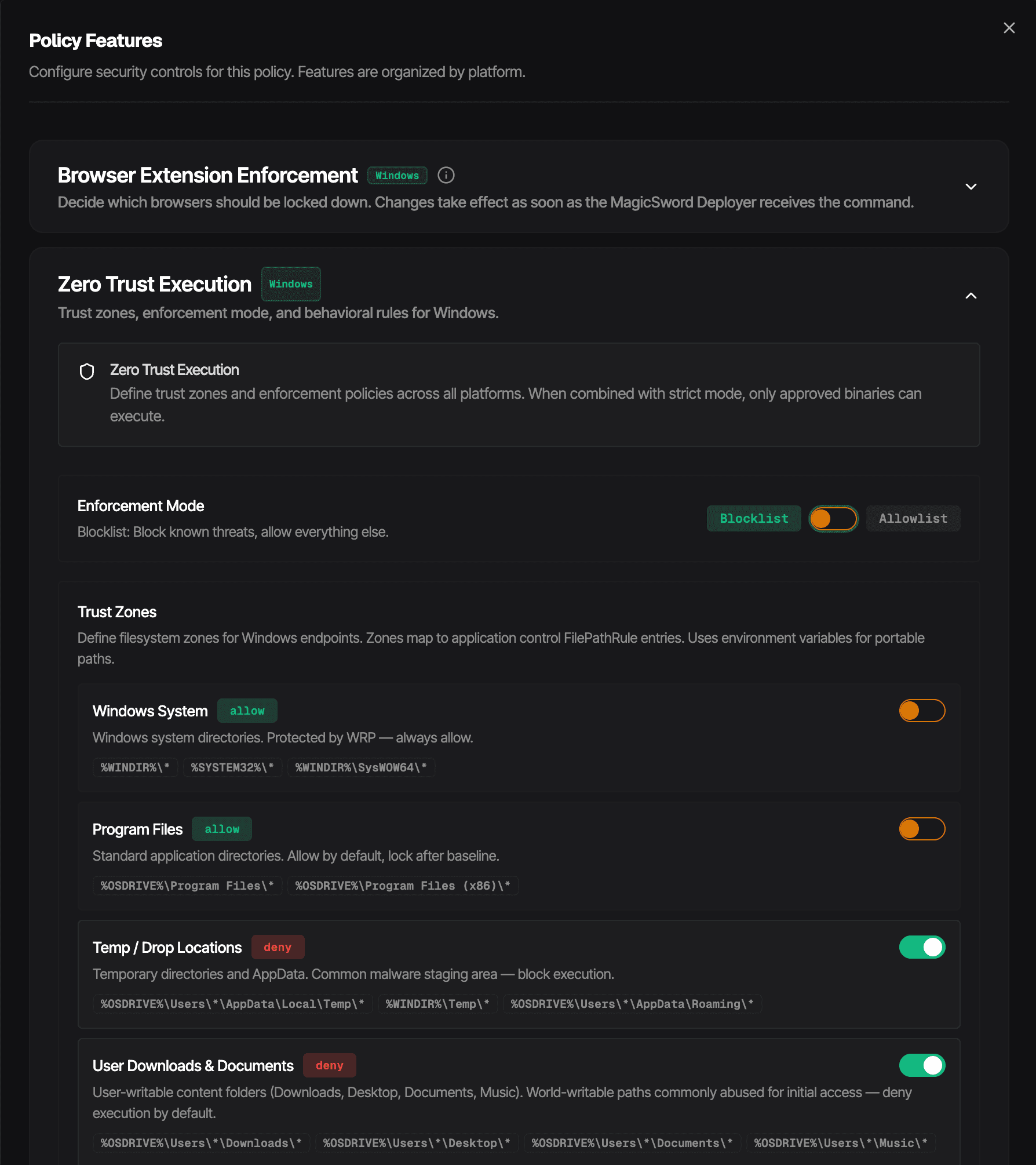 MagicSword Zero Trust Execution modal showing Blocklist and Allowlist toggle, Trust Zones, and application control rules