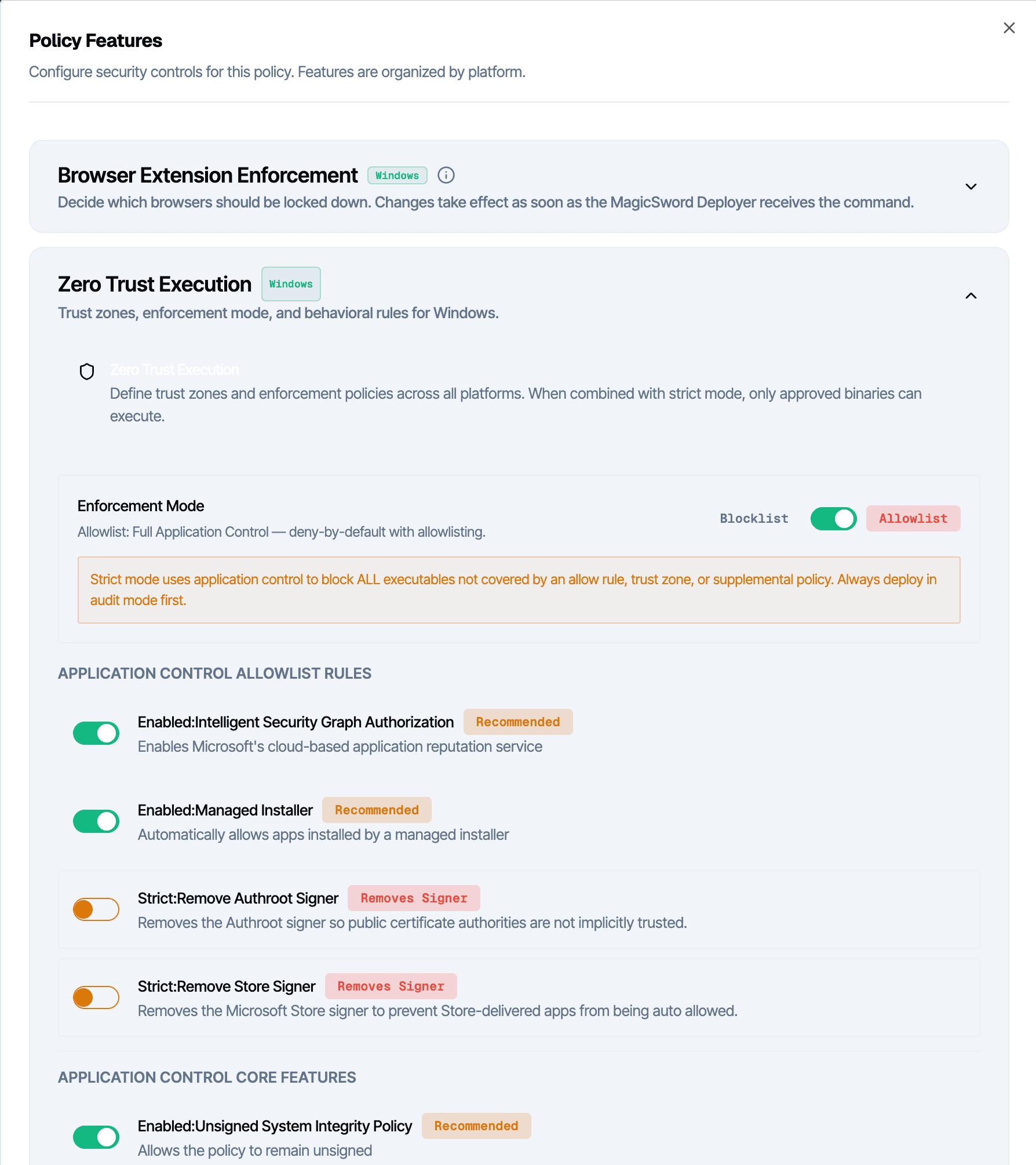 MagicSword Zero Trust Execution modal showing Blocklist and Allowlist toggle, Trust Zones, and application control rules