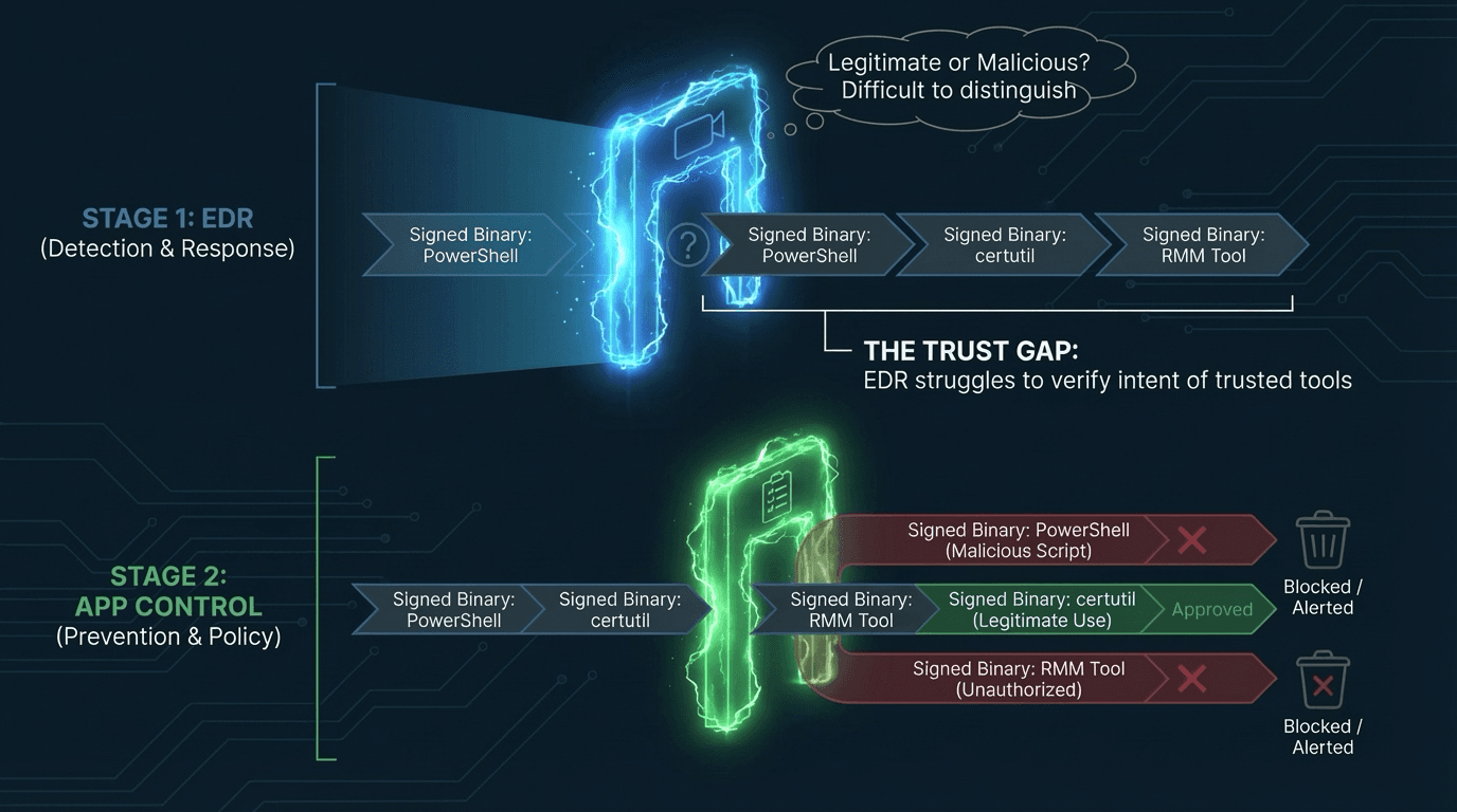 The EDR Trust Gap — EDR struggles to verify intent of trusted tools while Application Control provides prevention and policy enforcement